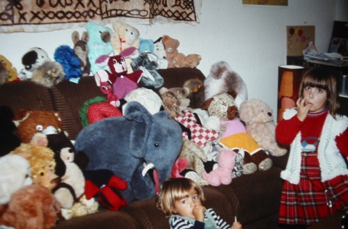 Long ago, my sister Sigrid and me with all our furry friends!