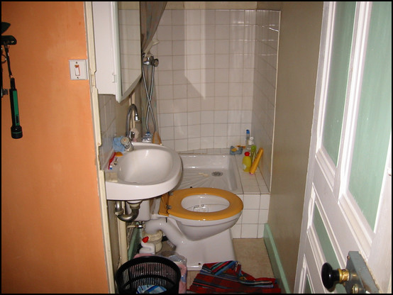 Mathieu's bathroom... you can't even sit straight on the toilet!